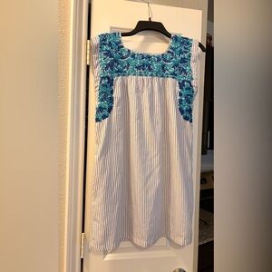 Sleeveless Blue Stripe Mini Dress with Teal Floral Embroidery